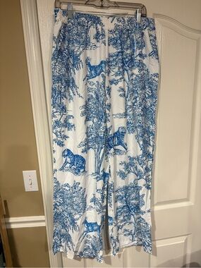 NWOT- Blue Toile Wide-Leg Lounge Pants with Elastic Waist